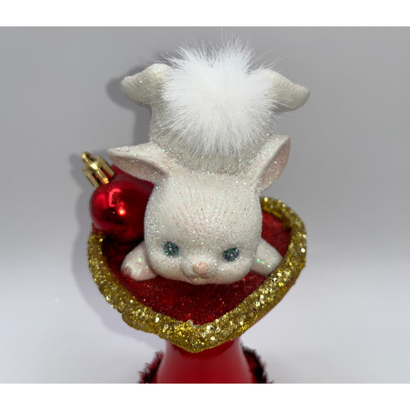 Vintage Tumbling Bunny Red Ceramic Pedestal Heart Dish Gold Valentines Day OOAK - Picture 4 of 16